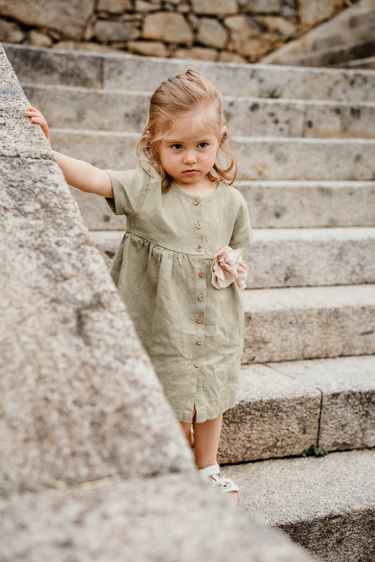 Linen Baby Dress Beautie Olive Flower | Peter Jo