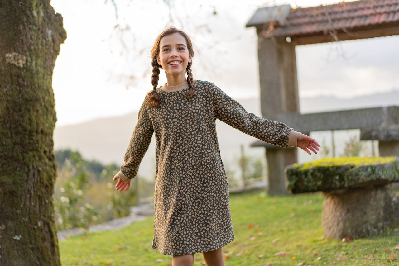 Organic Cotton Fleece Girl's Dress | Peter Jo | California Khaki Print – PETER JO